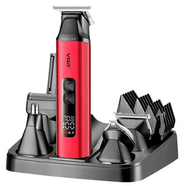 Машинка для стрижки аккумуляторная VGR V-117 LCD IPX6 + подставка (14 насадок) Красный Киев - изображение 1