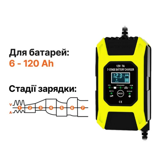 Зарядное устройство для автомобильного аккумулятора Foxsur 12V 7A Желтый Винница