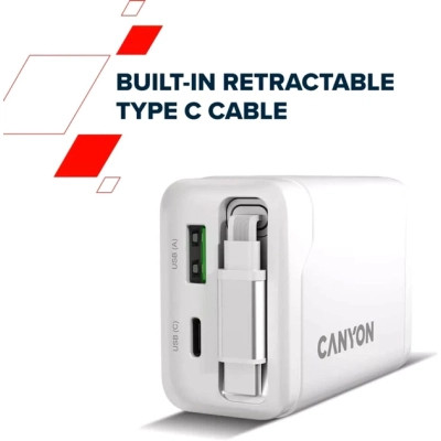 Зарядное устройство Canyon 1xUSB-C PD65W + 1xUSB QC3.0 + cable USB-C to USB-C white (CNS-CURC65ACW) Винница - изображение 5