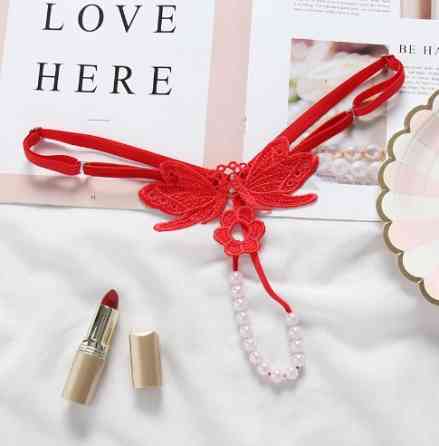 Еротичні стрінги з перлами і метеликами універсальний червоний Київ