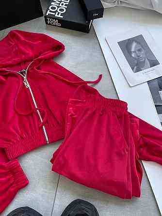 Женский прогулочный оверсайз костюм двойка: кофта и штаны турецкий велюр. Красный Одесса