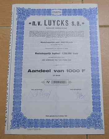 Акция.n.v. LUYCKS s.a. Бельгия. 1944 год №000432 (1.39) Полтава