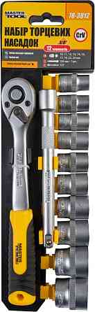 Набір насадок торцевих MASTERTOOL CrV 3/8" 10-24 мм подовжувач 150 мм тріскачка 72Т 12 шт 78-3812 Рівне