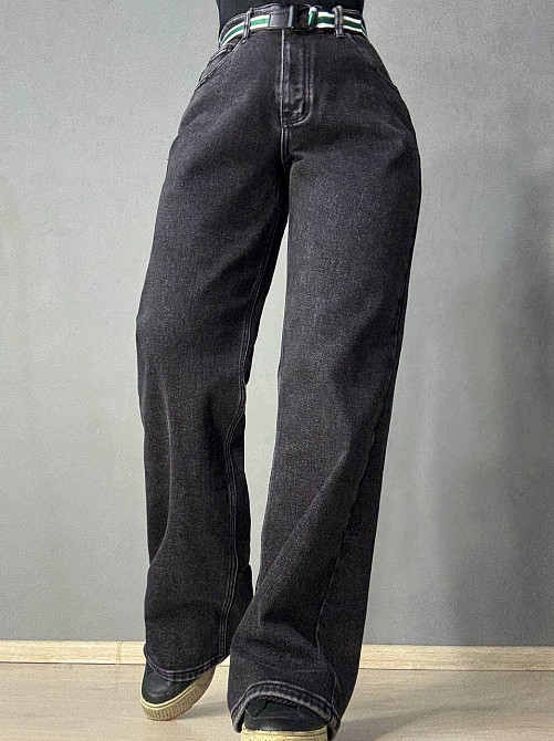 Джинси жіночі Derun 8209-8210 утеплені палаццо на флісі з ременем чорні, чорний, 30, 30, 80 см, 105 см Київ - фото 1