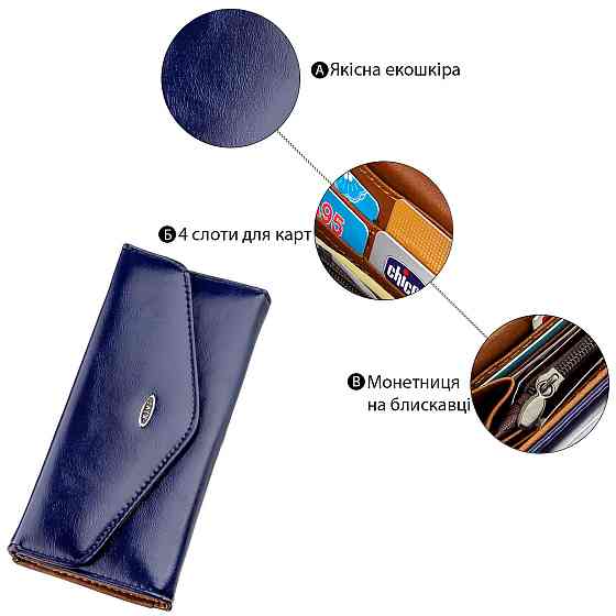 Кошелек женский конверт из гладкой экокожи KIVI 19068 Синий Киев