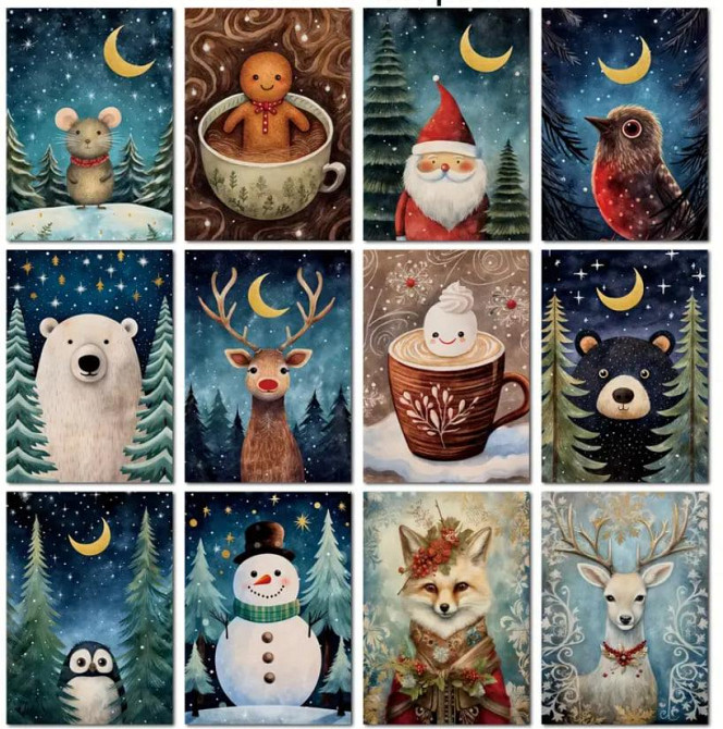 Набор рождественских открыток и наклеек с животными 52 шт. бумага для скрапбукинга Киев - изображение 2
