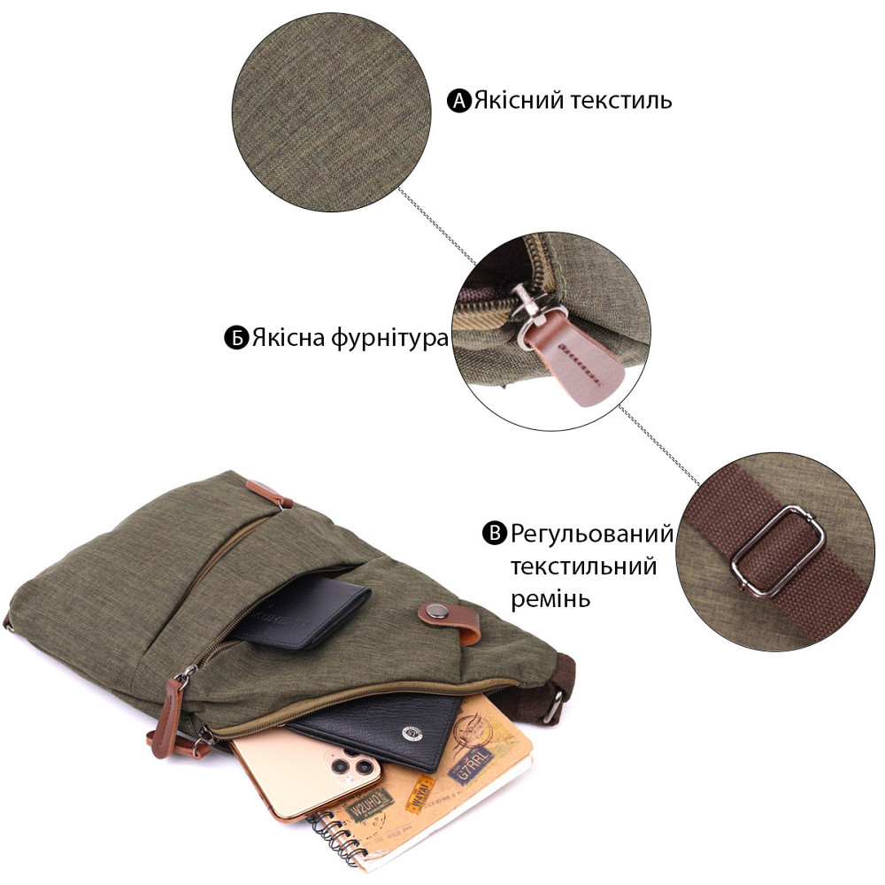 Зручна сумка через плече для чоловіків із текстилю Оливковий (Vintage) Київ - фото 8
