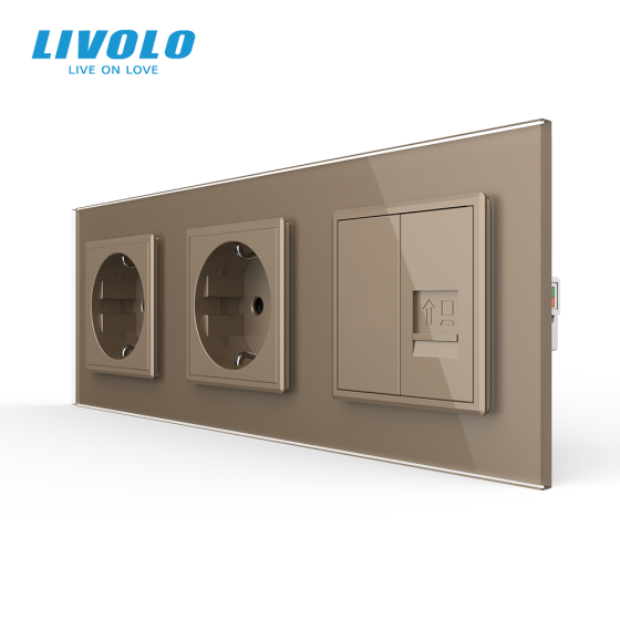 LIVOLO Розетка тримісна комбінована Силова Інтернет Livolo золото скло (VL-C7C2EU1CK0-13) Коломия