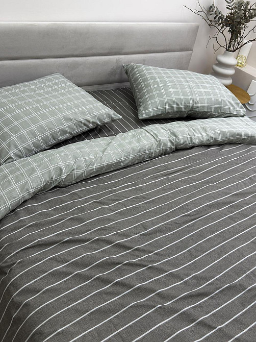 Ecotton Комплект постільної білизни Ecotton Євро 210х220 см сірий клітинка лінія (20001АВ) Коломия - фото 4