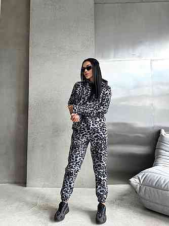 Женский теплый леопардовый костюм двойка: худи и штаны турецкий двусторонний полар флис 44/46 Одесса