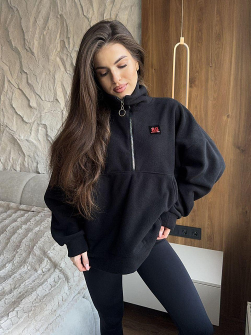 Жіночий теплий худі в спортивному стилі без капюшона турецький фліс Чорний, 48/52 Одеса - фото 2