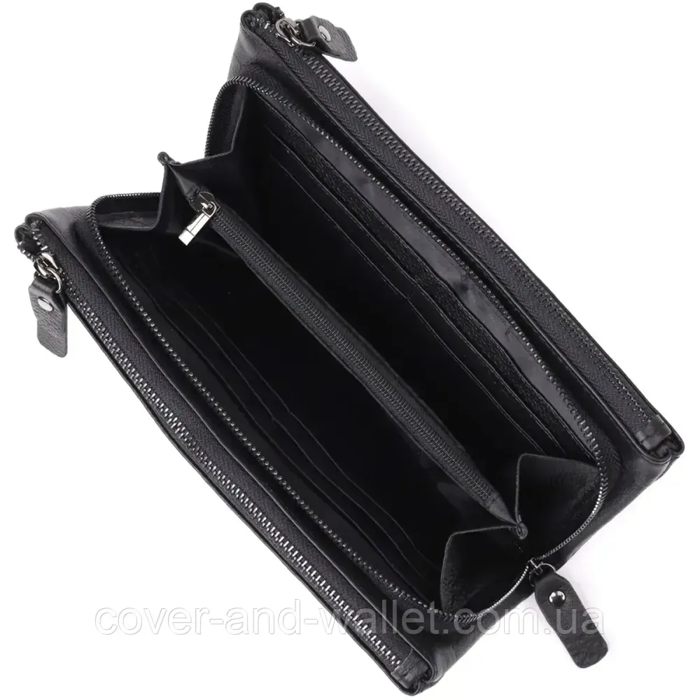 Чорний шкіряний гаманець-клатч на три відділення з ремінцем на зап'ясті ST Leather Київ - фото 5