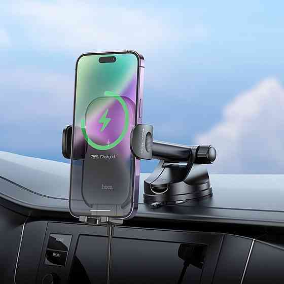 Тримач для мобільного з БЗП HOCO HW5 Journey wireless fast charging car holder(center console) Black Київ