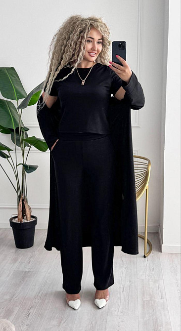 Жіночий базовий прогулянковий костюм-трійка: кардиган футболка та штани трикотажний рубчик Чорний, 50/52 Одеса - фото 6