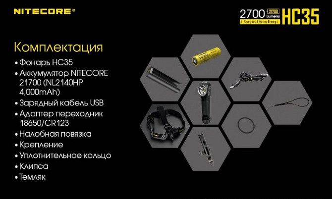 Налобний ліхтар Nitecore HC35 CREE XP-G3 S3 2700LM + Акумулятори 21700 Вінниця - фото 7
