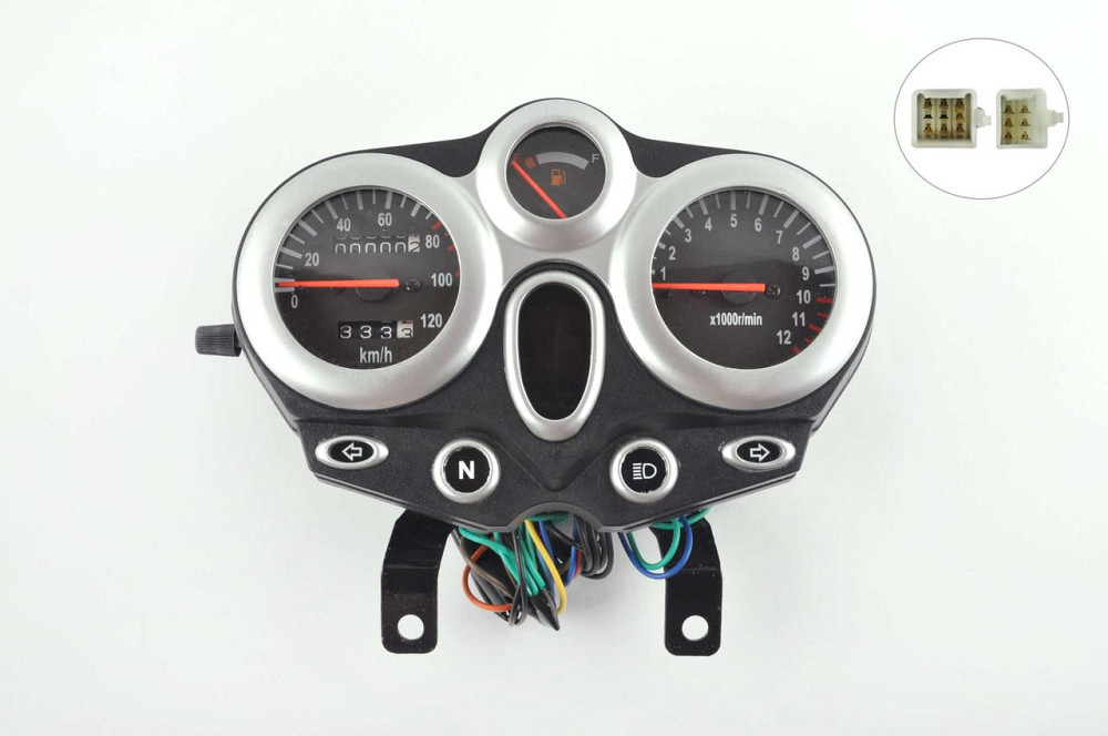 Панель приладів (у зборі), мотоцикл Ліфан 125/150 (120км/ч, чорно-срібна, кругла, тахометр) (mod:MY-013) Мукачево - фото 1
