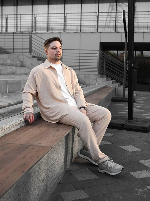Чоловічий літній костюм Casual сорочка і штани Оверсайз жатка весна літо SANE бежевий Одеса - фото 9