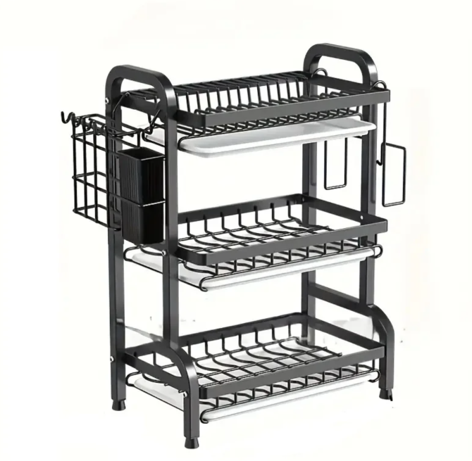 Сушарка для посуду Bowl Rack 3-рівнева 56×24×43 см, металева з пластиковим піддоном та тримачем Київ - фото 2