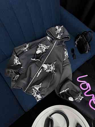 Жіноче тепле оверсайз худі на блискавці з доберманами тринитка на флісі Графіт Одеса