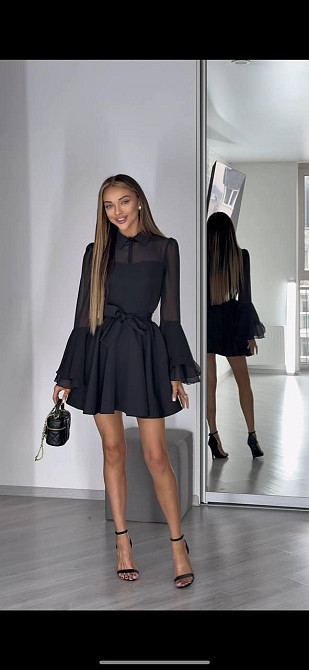 Женское нежное платье с шифоновыми рукавами и воланами костюмка + шифон Черный, 46/48 Одесса - изображение 5