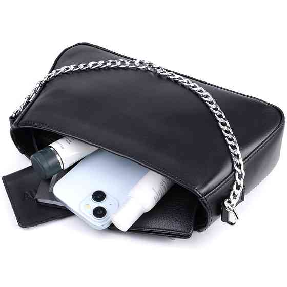 Жіноча сумка багет з ланцюжком і ремінцем, що знімається з гладкої натуральної шкіри Чорна (SHVIGEL) Київ