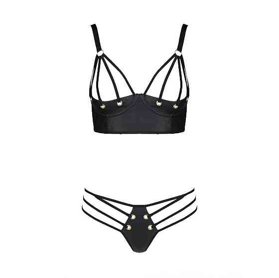Комплект из экокожи Passion MALWIA BIKINI 6XL/7XL black, с люверсами и ремешками, бра, трусики Sex Aura Киев