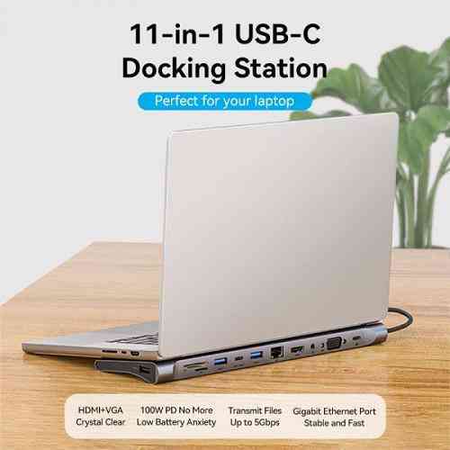 Док станція хаб для ноутбуку комп'ютеру Vention Multi-function USB-C - HDMI / VGA / USB-C Gen 1 / USB 3.0x2 / USB 2.0 / RJ45 / SD Одеса