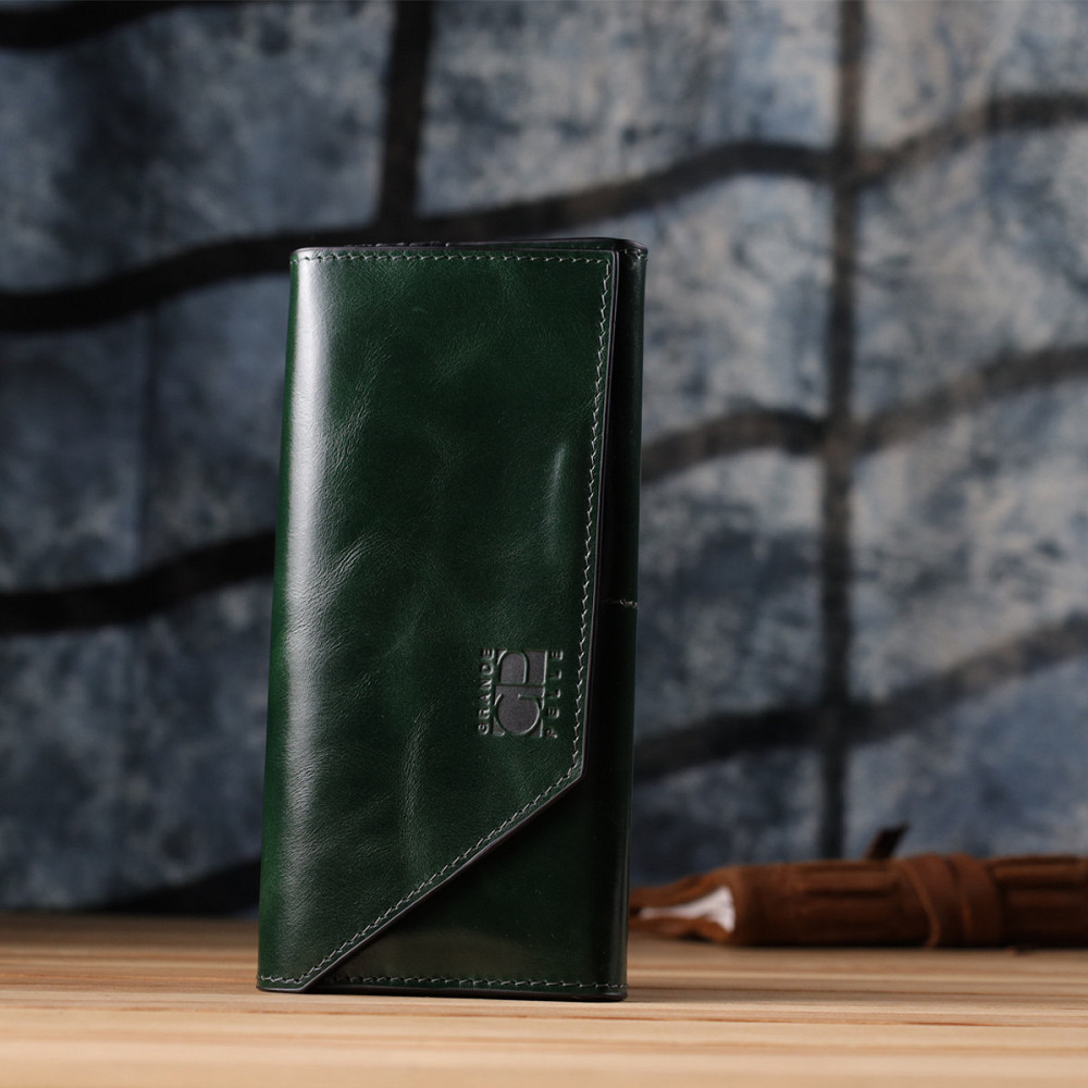 Добротний гаманець у два складення з натуральної гладкої шкіри GRANDE PELLE 22945 Зелений Київ - фото 9