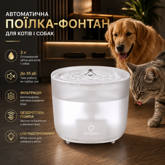 Уценка Поилка-фонтан Petempo PWF-01 2 л для кошек и собак, беспроводная помпа, тихая работа до 35 дБ, фильтрация, LED Киев