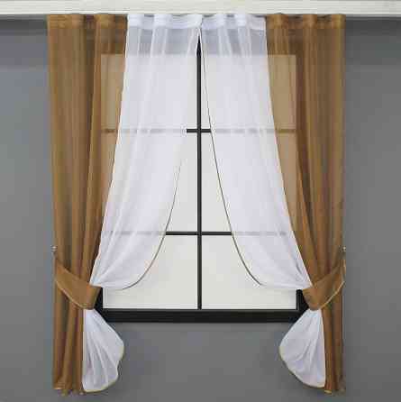 Кухонные шторы VR-Textil № 017к комбинированные с подвязками кофейный с белым 265х170 см (50-019) Киев