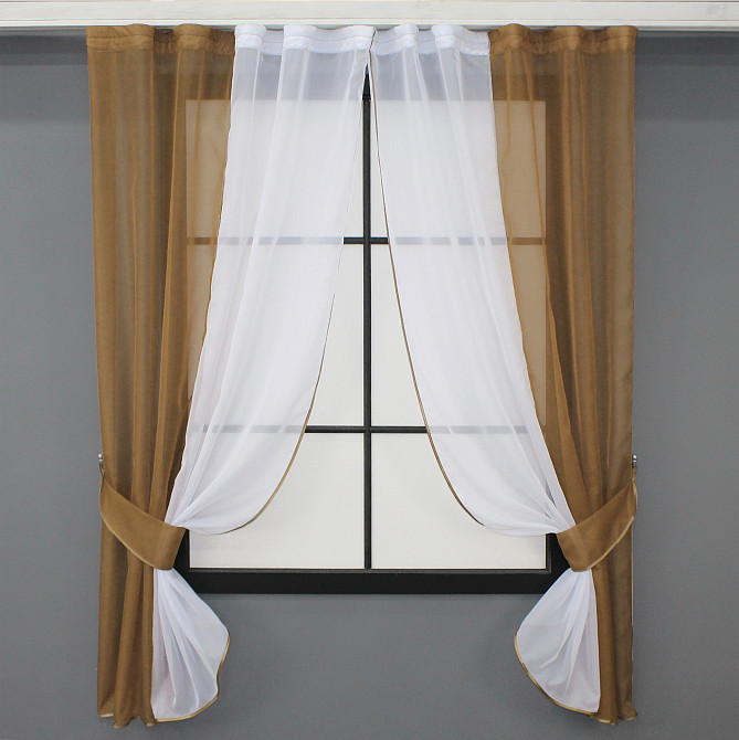 Кухонные шторы VR-Textil № 017к комбинированные с подвязками кофейный с белым 265х170 см (50-019) Киев - изображение 1