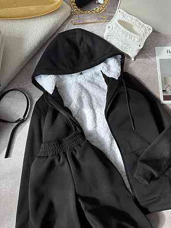 Жіночий теплий повсякденний костюм-двійка: худі + штани, тринитка на флісі + хутро Чорний, 50/52 Одеса