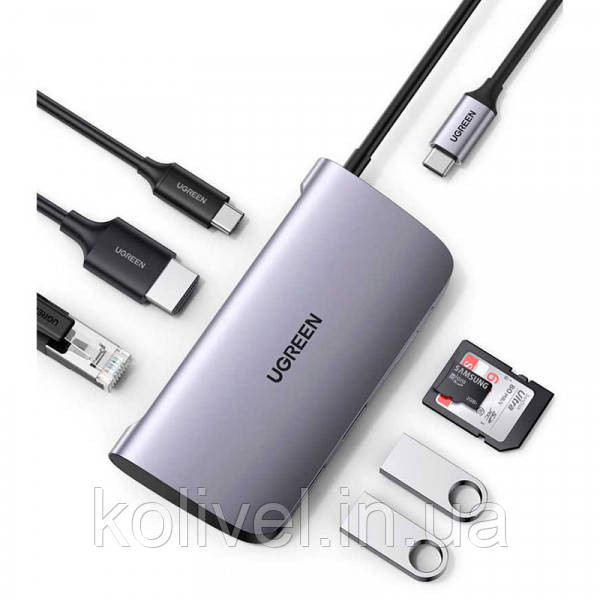 Док-станція USB3.0 Type-C --> USB 3.0x2/HDMI/RJ45/SD/TF/PD Ugreen CM212 Сіра (50852) Київ - фото 5