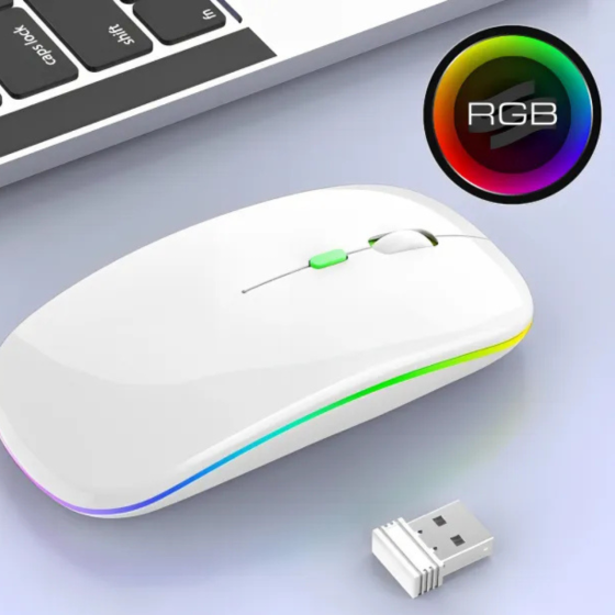 Мишка бездротова комп'ютерна, безшумна, оптична з RGB-підсвічуванням 2.4G+Bluetooth DPI 800/1000/1200 біла Кам'янець-Подільський
