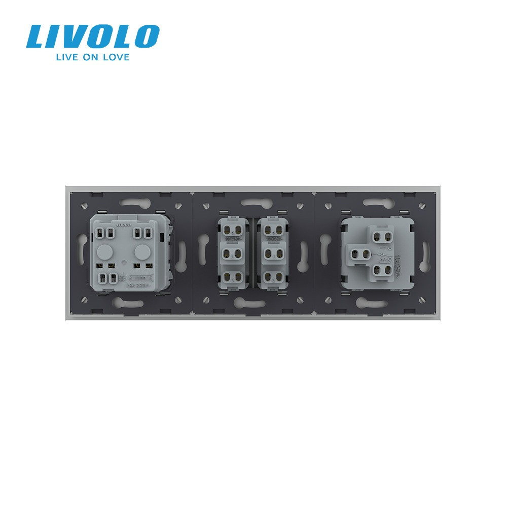 Трьохклавішний вимикач (1-2) з розеткою Livolo сірий скло (VL-C7K1/K2/FCTC16A-6IP) Коломыя - изображение 7