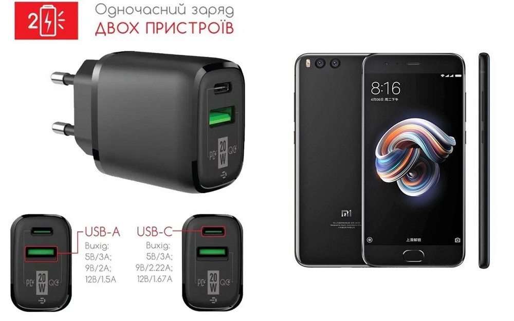 Сетевое зарядное устройство для Xiaomi Mi Note 3, 20W 3A, Quick Charge 3.0 Киев - изображение 1