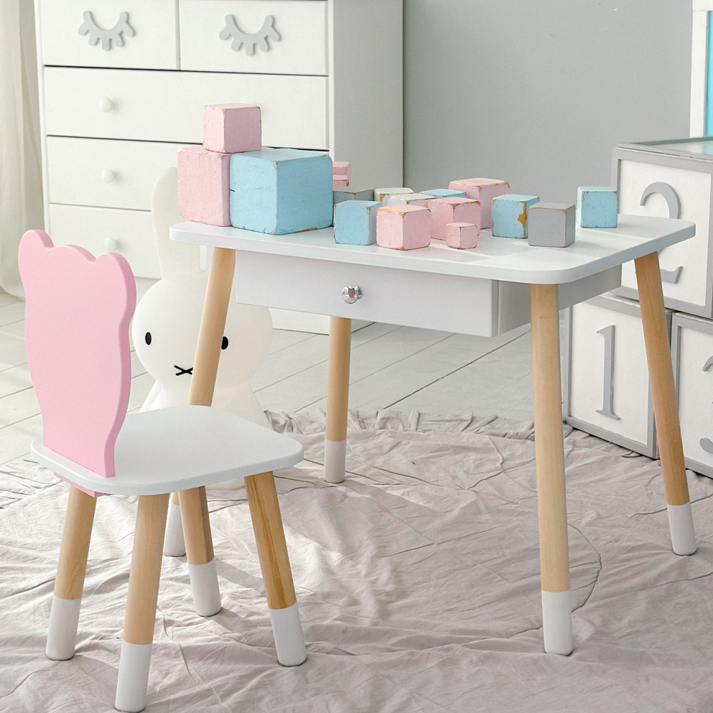 Детский столик белый и стульчик мишка розово-белый. Столик с ящиком для карандашей и разукрашек 21441 Киев - изображение 6