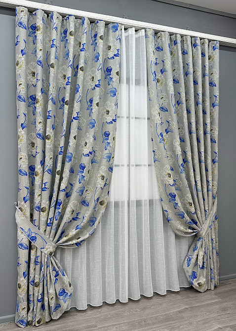 Комплект штор VR-Textil Лен Прованс 200х270 2шт и Тюль 500х270 2078ш-115т Светло-серый с синим и белым 71-213/6 Киев - изображение 2