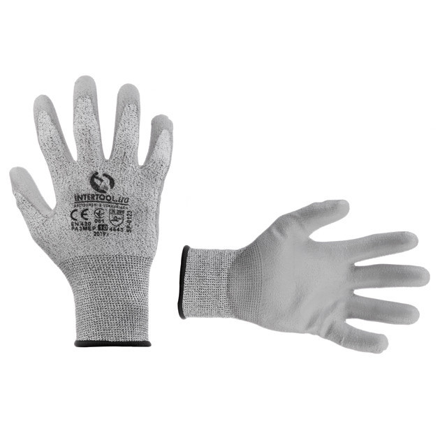 Рукавичка трикотажна порізостійка з покриттям з поліуретану на долоні, сіра, 10" INTERTOOL SP-0123 Київ - фото 1