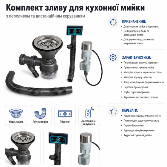 Комплект сифону в зборі для кухонного миття, раковини з автоматичним скиданням води (542244064) Київ