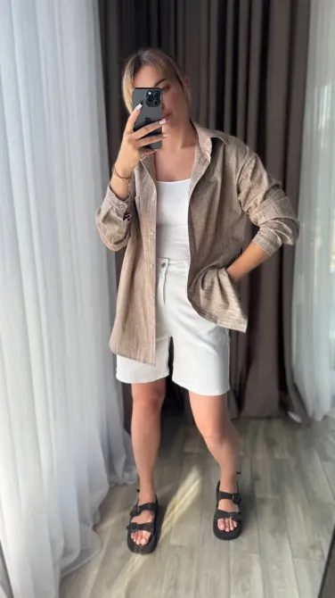 Женская льняная рубашка свободного кроя — мокко, светло-бежевый, светло-серый Одесса - изображение 1