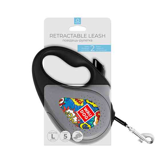 Повідець-рулетка для собак WAUDOG R-leash, малюнок "ВАУ", L, до 50 кг, 5 м, світловідбивна стрічка чорний Вінниця