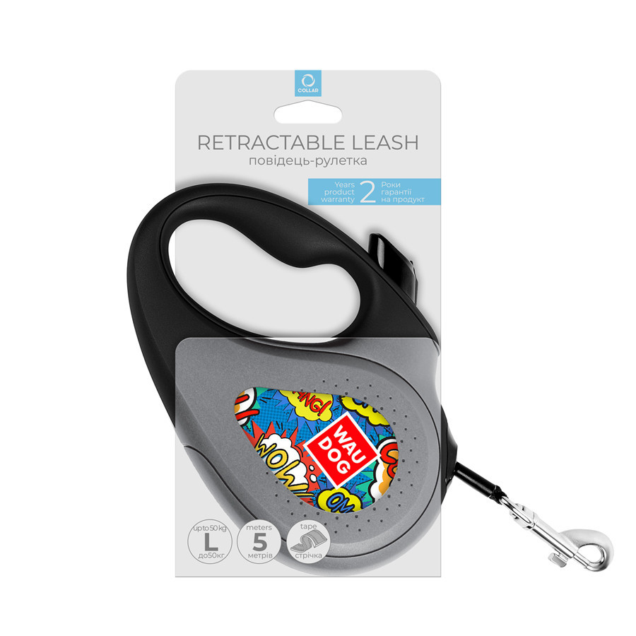 Повідець-рулетка для собак WAUDOG R-leash, малюнок "ВАУ", L, до 50 кг, 5 м, світловідбивна стрічка чорний Вінниця - фото 4