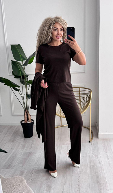 Женский базовый прогулочный костюм тройка: кардиган футболка и штаны трикотажный рубчик Шоколад, 46/48 Одесса - изображение 3