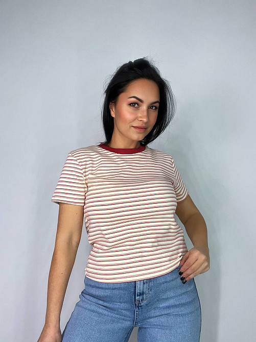 Футболка жіноча A-N 25189 в смужку базова модель середня довжина one size, бордовий, one size Київ - фото 5