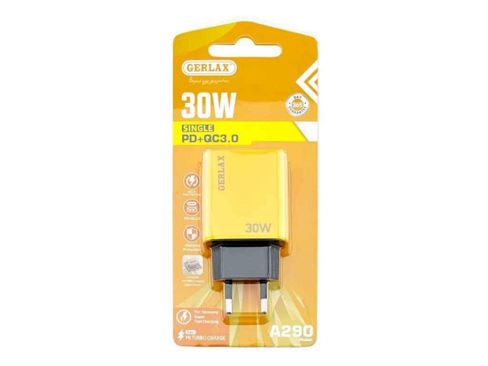 Мережевий зарядний пристрій USB A290 3A/1USB/PD30W/QC3.0 блістер жовтий ТМ GERLAX Київ - фото 1