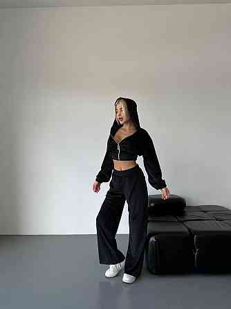 Жіночий стильний прогулянковий костюм-двійка: кофта та штани велюр-плюш Чорний, 48/50 Одеса