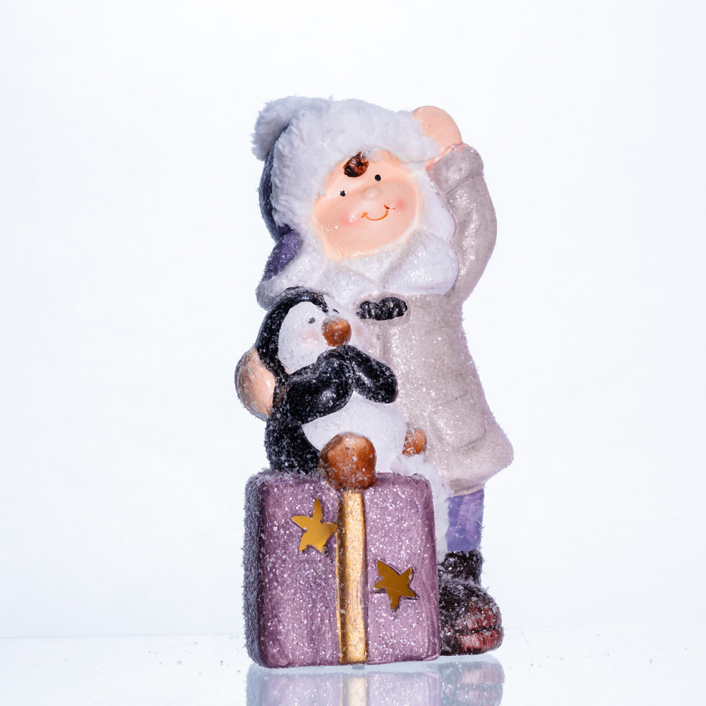 Новорічна фігурка з підсвіткою Дівчинка з пінгвіном із фарфору 9×10×19 (см) новорічний декор для дому, квартири на подарунок CR-5-6 Коломия - фото 2