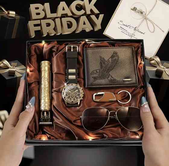 Подарунковий набір для чоловіків 6 в 1 годинник окуляри конверт машинка для гоління гаманець брелок коричневий Київ