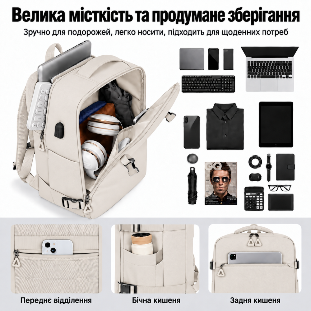 Рюкзак дорожный для ноутбука и аксессуаров для путешествий городской влагоcтойкий 40х20х30 см,бежевый Каменец-Подольский - изображение 9